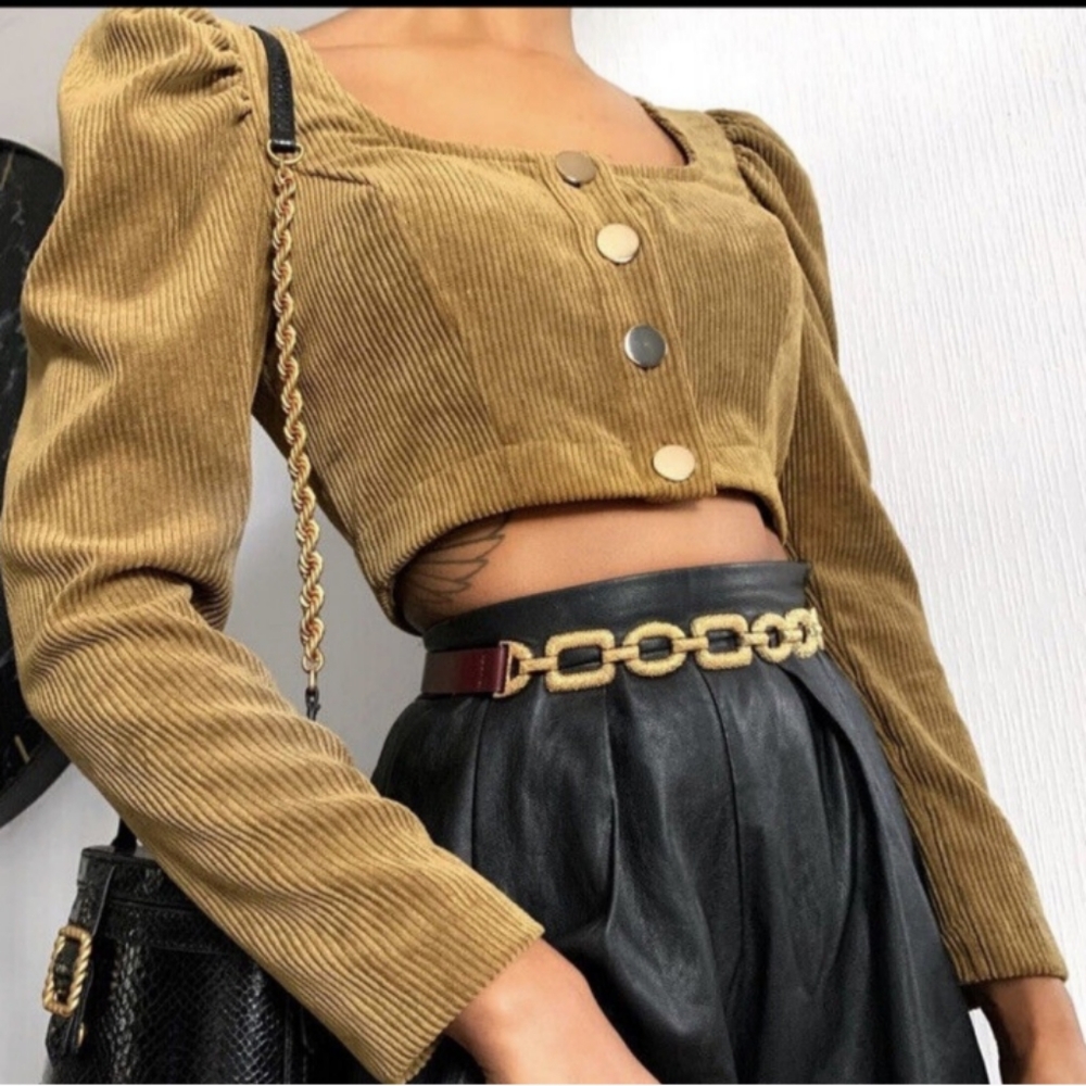Zara Button Front Corduroy Puff Sleeve Crop Top - Camel L XL